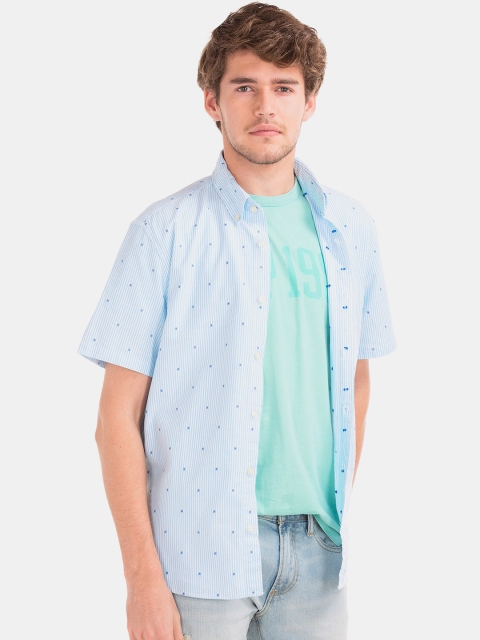 

GAP Men Blue Oxford Bengal Stripe Short Sleeve Standard Fit Shirt
