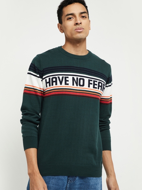 

max Men Green & White Self Design Pullover Sweater