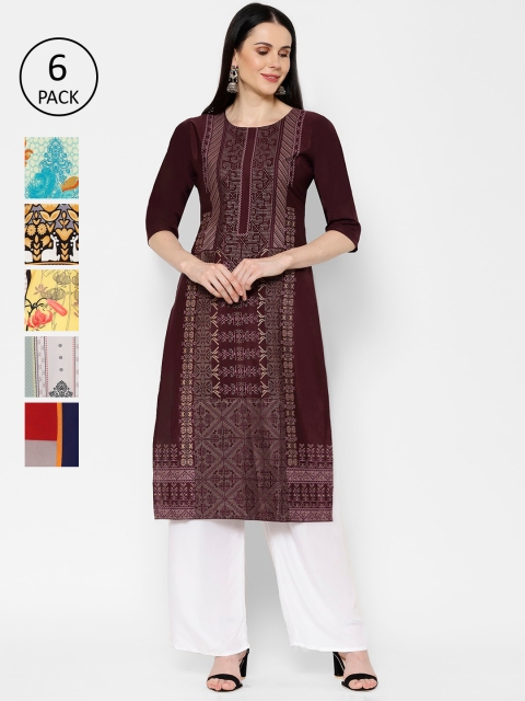 

7Threads Women Pack of 6 Multicoloured Printed Straight Kurtas, Multi