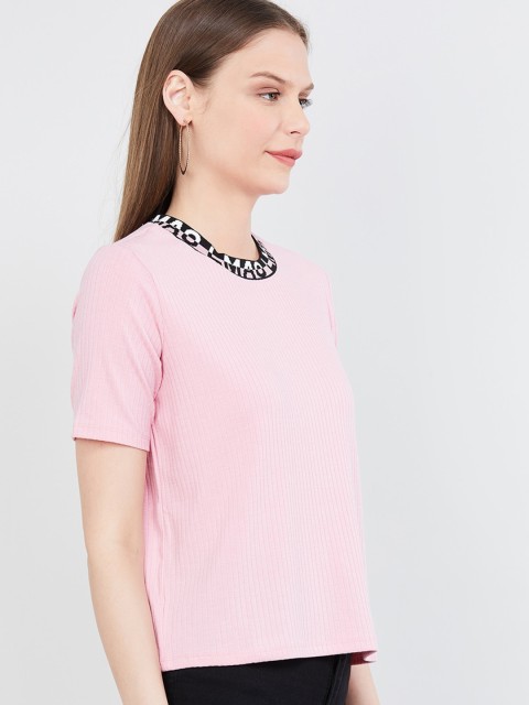 

max Women Pink & Black Printed Round Neck T-shirt