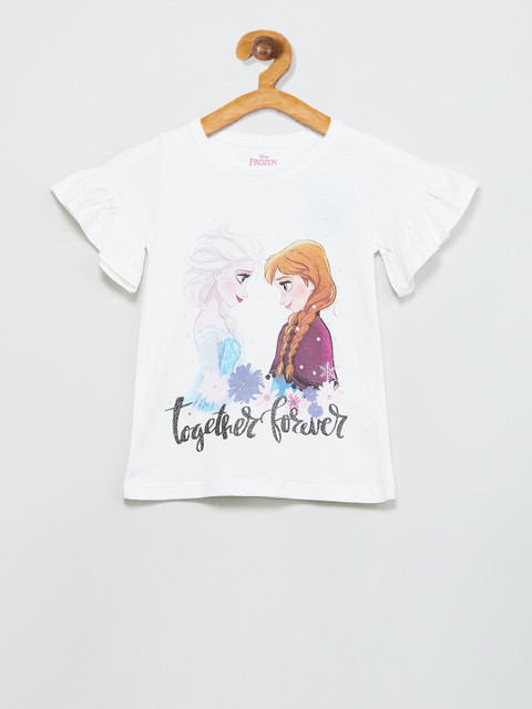 

max Girls White Printed Round Neck Cotton T-shirt