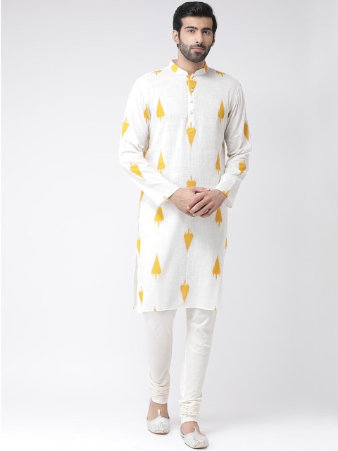 

Vartah Men White & Yellow Woven Design Kurta with Churidar