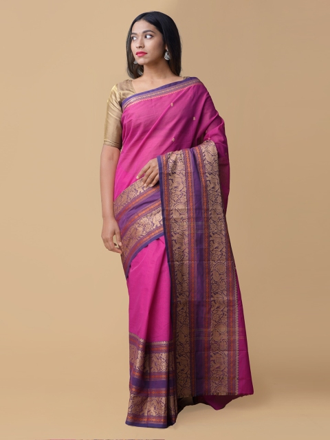 

Unnati Silks Pink & Gold-Coloured Pure Cotton Printed Handloom Saree