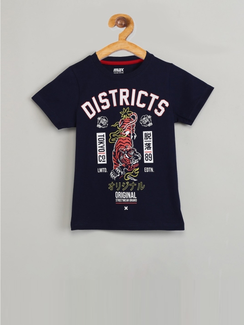 

max Boys Navy Blue Printed Round Neck T-shirt