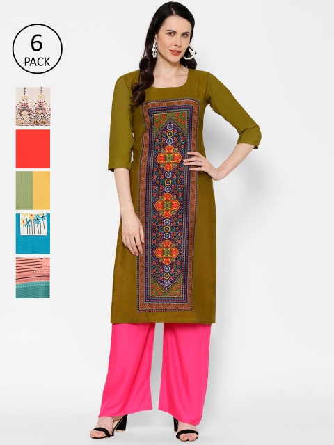 

7Threads Women Set Of 6 Multicoloured Woven Design A-Line Kurta, Multi