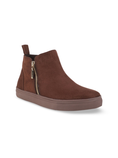 

Bruno Manetti Women Brown Solid Suede Mid-Top Slip-On Sneakers