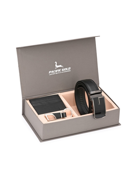

Pacific Gold Men Black & Silver-Toned Genuine Leather Accessory Gift Set