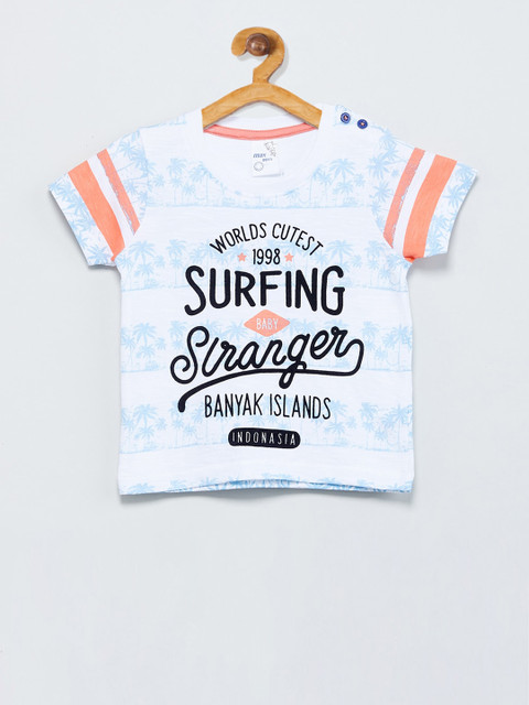 

max Boys White Printed Round Neck Cotton T-shirt
