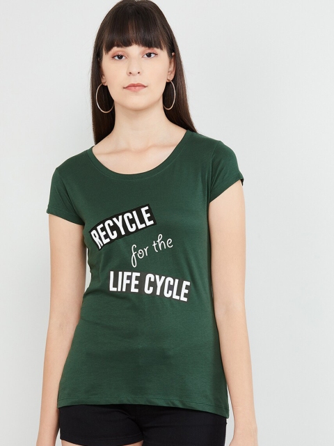 

max Women Green & White Printed Round Neck T-shirt