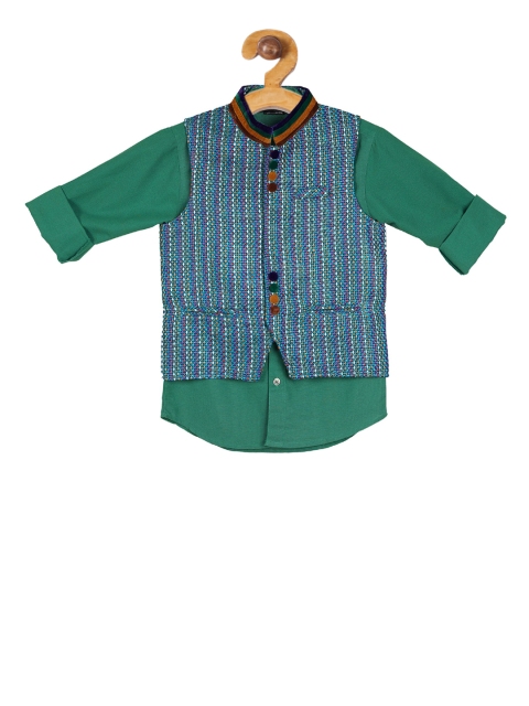 

Actuel Boys Green & Blue Regular Fit Solid Party Shirt With Nehru Jacket