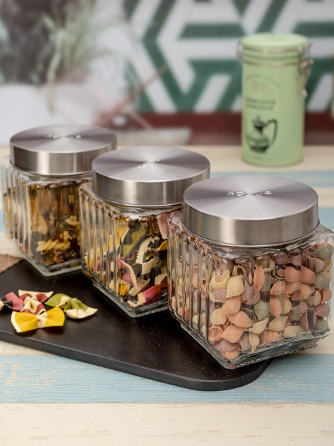 

Roxx Set of 3 Transparent & Silver-Toned Glass Cube Square Glass Jars With Lids