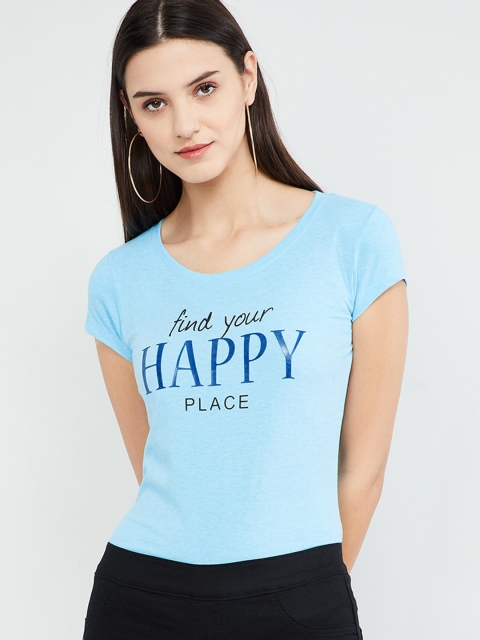 

max Women Blue Printed Round Neck T-shirt