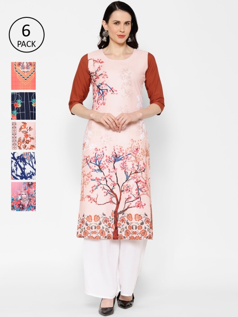 

7Threads Women Pack of 6 Multicoloured Printed Straight Kurtas, Multi