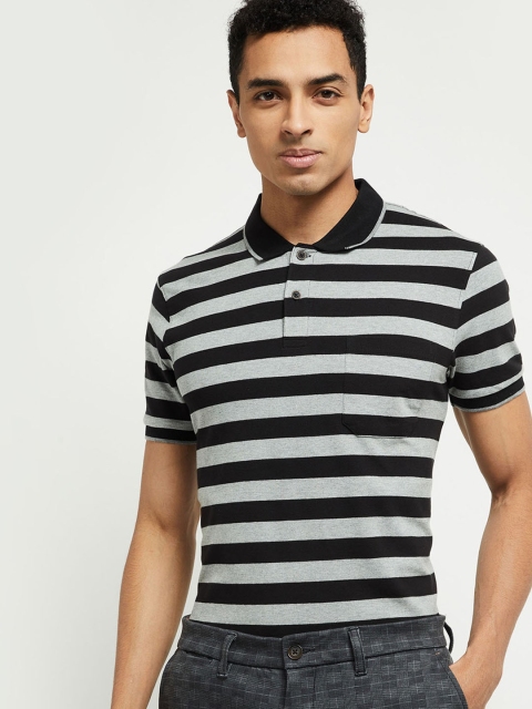

max Men Grey & Black Striped Polo Collar T-shirt