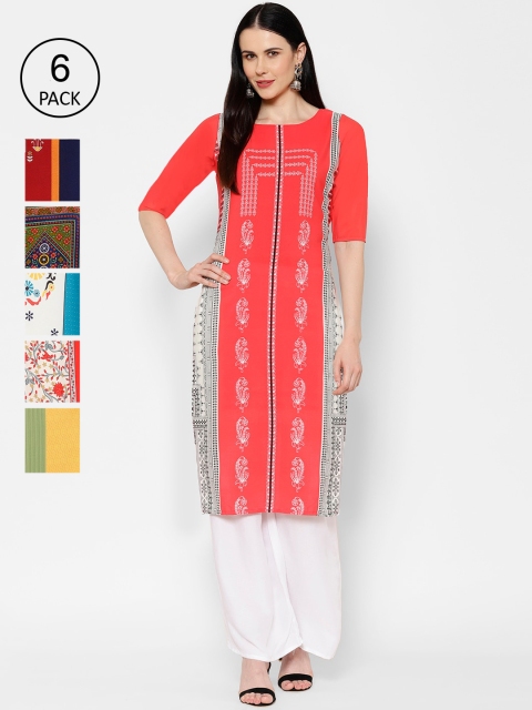 

7Threads Women Set Of 6 Multicoloured Woven Design Straight Kurta, Multi