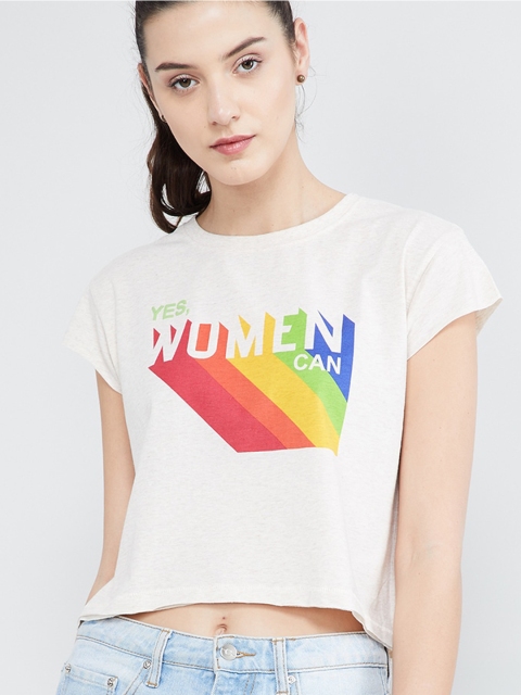 

max Women Cream-Coloured & Orange Printed Crop T-Shirt