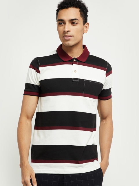 

max Men White & Black Striped Polo Collar Pure Cotton T-shirt