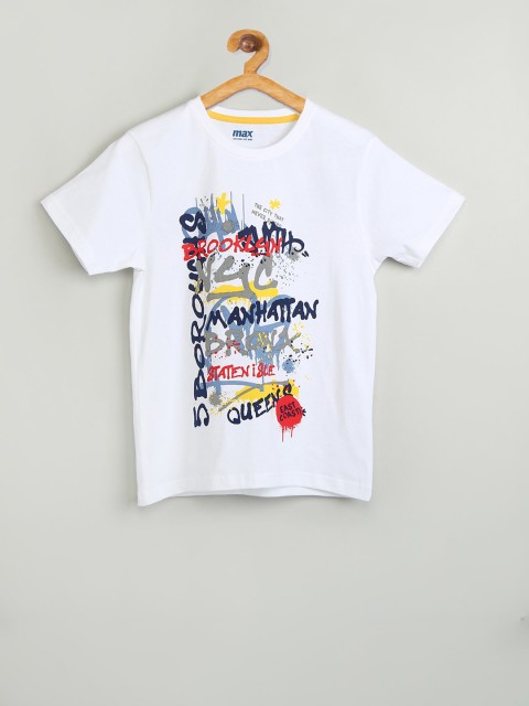 

max Boys White Printed Round Neck T-shirt