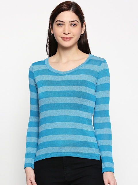 

inocenCia Women Turquoise Blue Striped Round Neck T-shirt