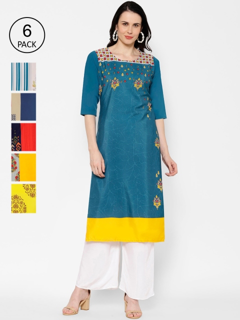 

7Threads Women Pack of 6 Multicoloured Printed Straight Kurtas, Multi