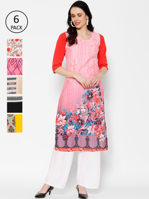 

7Threads Women Set Of 6 Multicoloured Printed A-Line Kurta, Multi