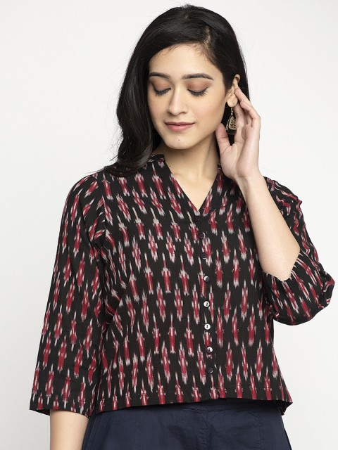 

Ayaany Women Black Printed Shirt Style Pure Cotton Top