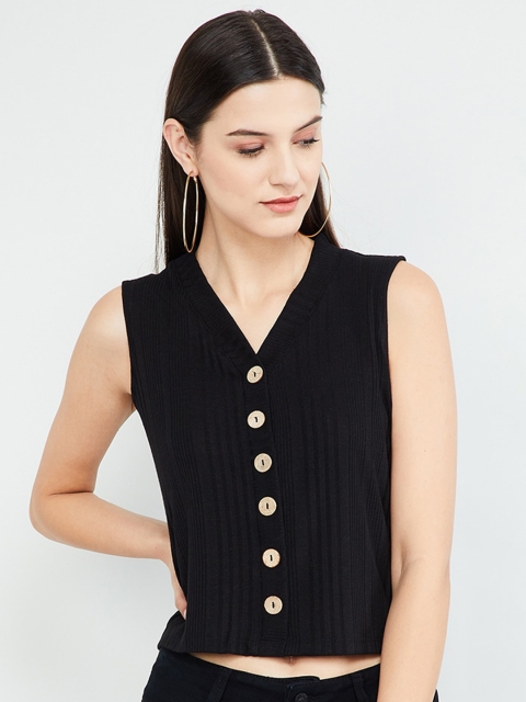 max Women Black Solid Fitted Top