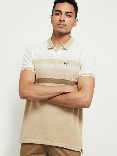 

max Men Beige Striped Polo Collar T-shirt