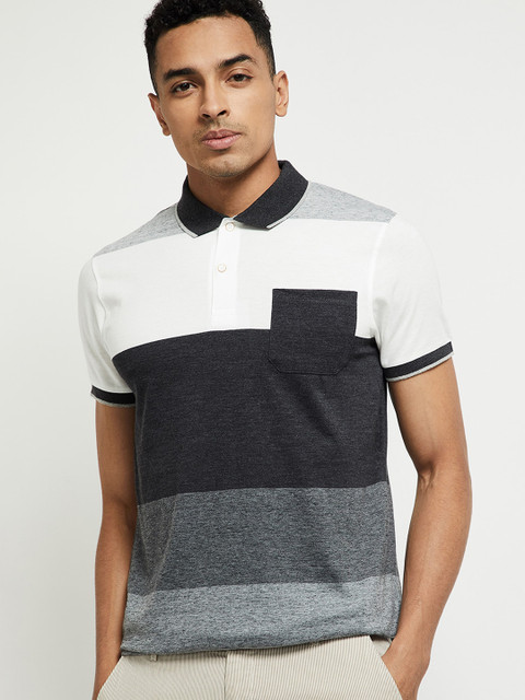 

max Men White & Black Striped Polo Collar T-shirt