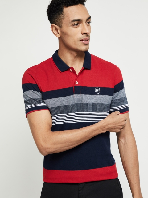 

max Men Red & Blue Striped Polo Collar T-shirt
