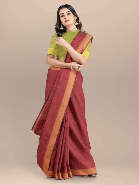 

BharatSthali Maroon & Gold-Coloured Woven Design Pure Linen Handloom Bhagalpuri Sustainable Saree