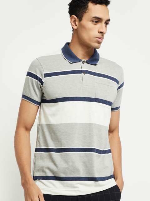 

max Men Grey Striped Polo Collar T-shirt