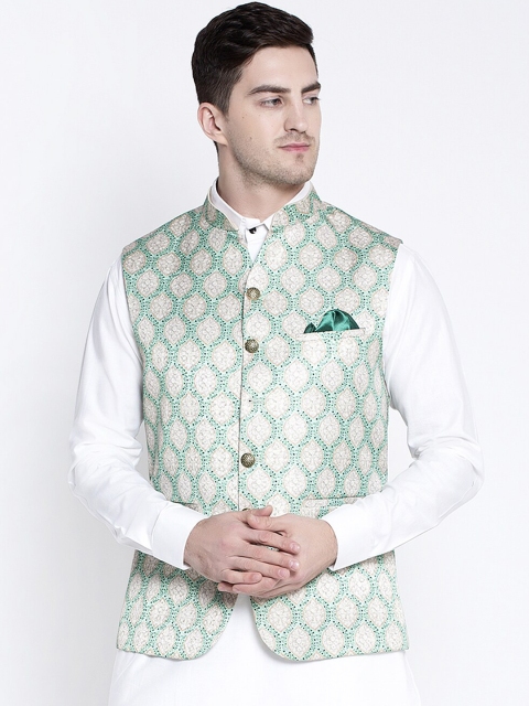 

MAXENCE Men Green & Brown Printed Slim Fit Pure Cotton Nehru Jacket