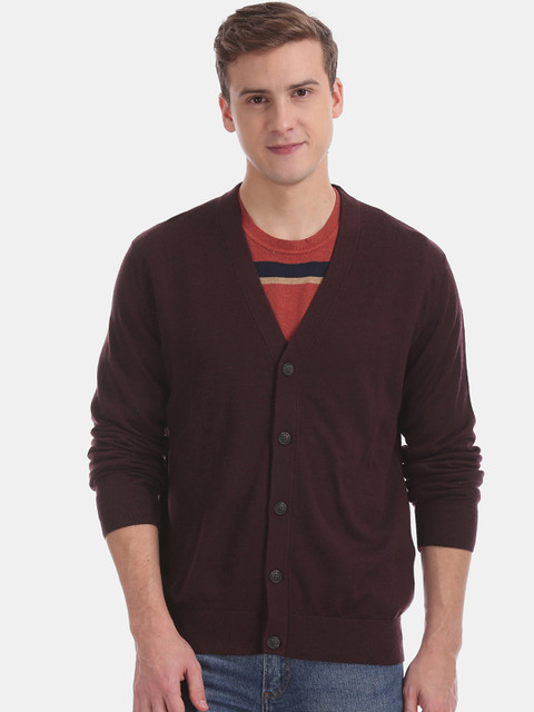 

GAP Men Burgundy Solid Merino Wool Cardigan