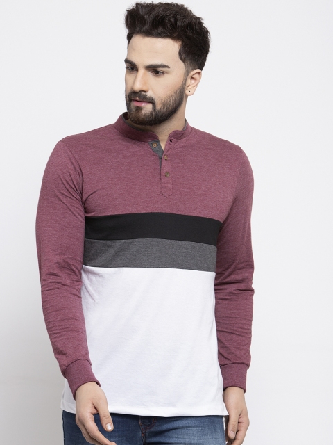 

Kalt Men Maroon & White Colourblocked Mandarin Collar T-shirt