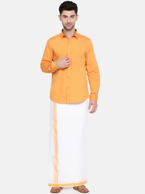 RAMRAJ COTTON Men Orange & White Solid Shirt with Dhoti