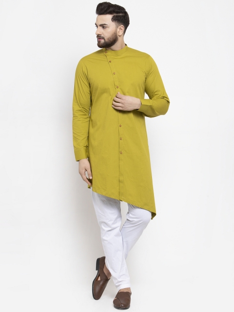 

Zotw Men Olive Green Solid Straight Asymmetric Kurta