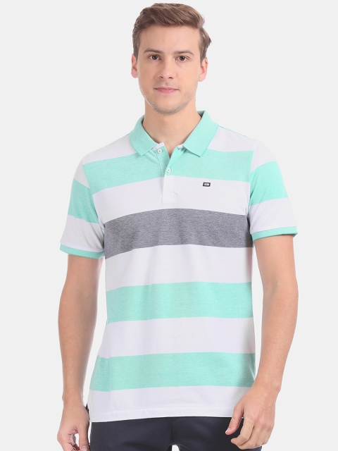 

Arrow Men White Sea Green Striped Polo Collar Pure Cotton T-shirt