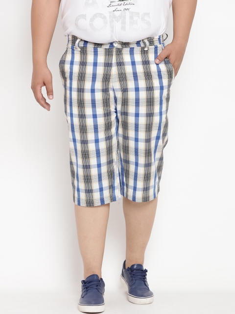 

John Pride Plus Size Men Off-White Blue Checked Regular Fit Regular Shorts
