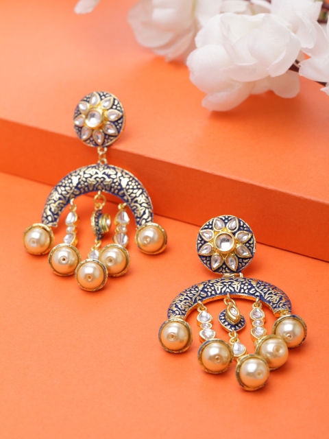 

Moedbuille Gold-Plated & Blue Kundan Handcrafted Floral Drop Earrings