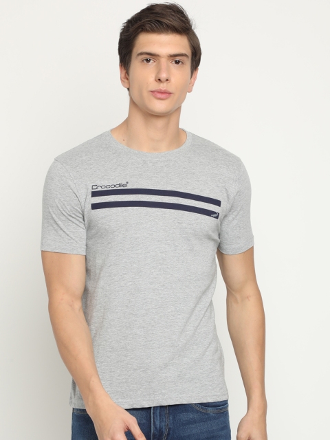 

Crocodile Men Grey Striped Round Neck T-shirt