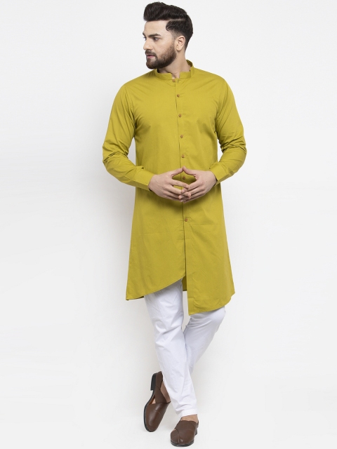 

Zotw Men Olive Green Solid Straight Asymmetric Kurta