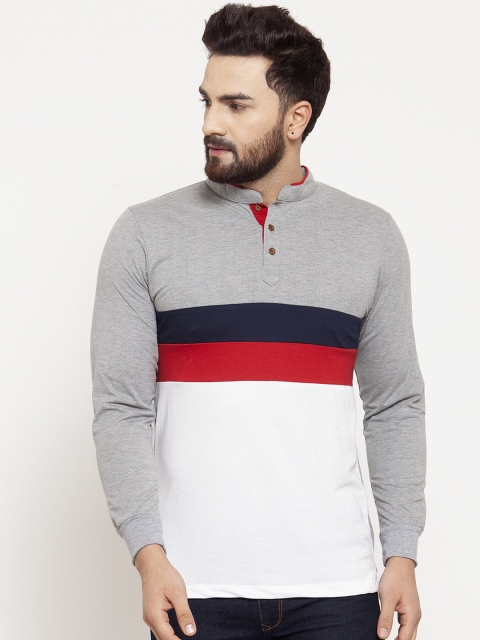 

Kalt Men Grey & White Colourblocked Mandarin Collar T-shirt