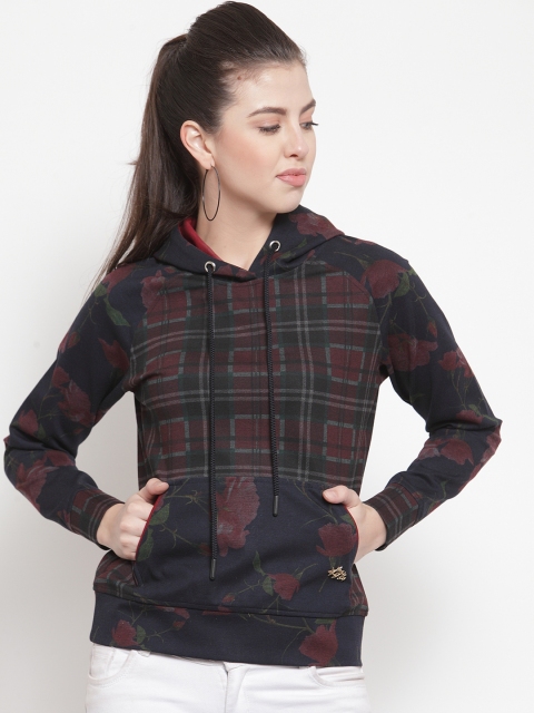 

armure Women Navy Blue & Maroon Printed Hooded Sweatshirt