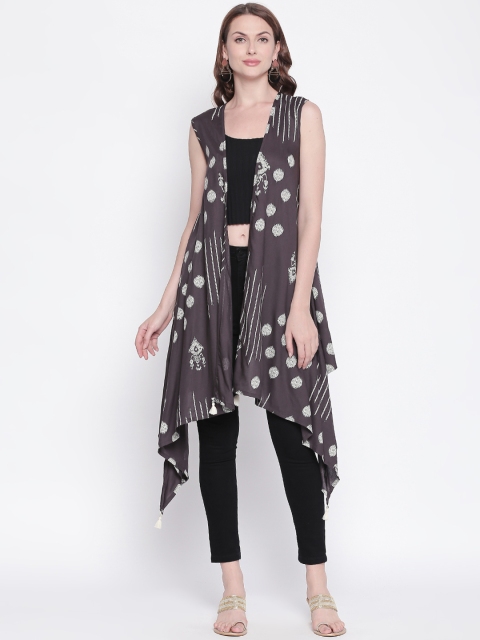 

AKKRITI BY PANTALOONS Women Charcoal & Off-White Printed Open Front Shrug