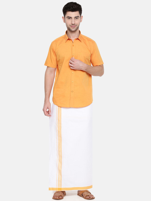 

RAMRAJ COTTON Men Orange & White Solid Shirt with Dhoti