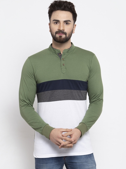 

Kalt Men Green & White Colourblocked Mandarin Collar T-shirt