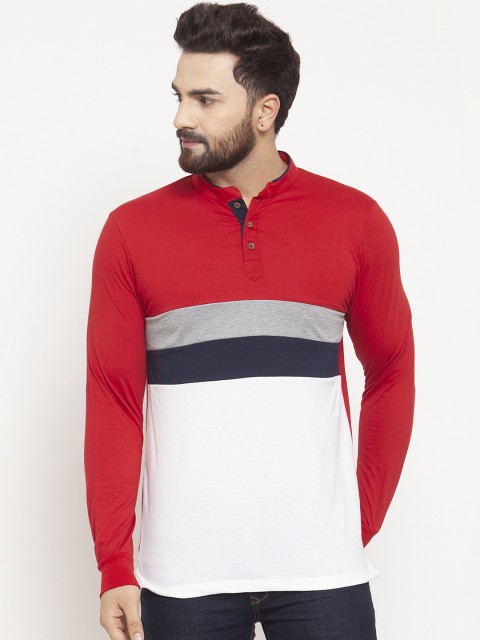 

Kalt Men Red & White Colourblocked Mandarin Collar T-shirt