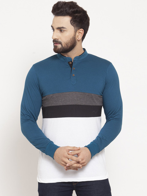 

Kalt Men Teal Blue & White Colourblocked Mandarin Collar T-shirt