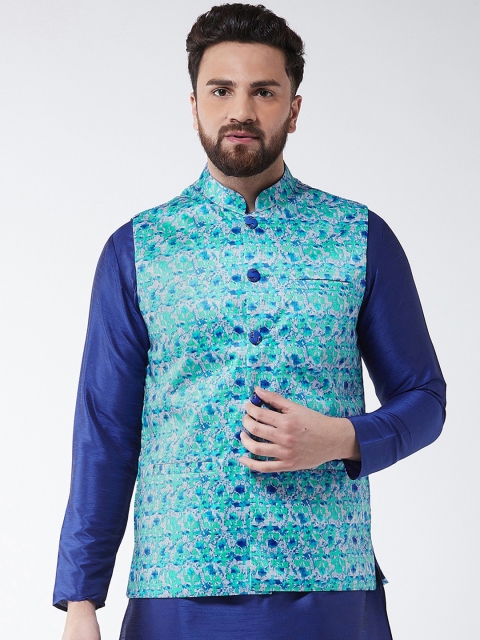 

I Know Men Blue & Green Printed Woven Nehru Jacket